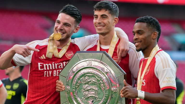 Arsenal have spent more than £200m on Declan Rice, Kai Havertz and Timber (left to right)