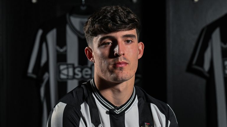 Tino Livramento speaks to media at St James' Park after signing for Newcastle United 