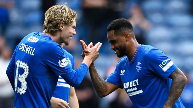 GLASGOW, SCOTLAND - AUGUST 12: Rangers Todd Cantwell and Danilo at Full Time during a cinch Premiership match between Rangers and Livingston at Ibrox Stadium, on August 12, 2023, in Glasgow, Scotland. (Photo by Rob Casey / SNS Group)