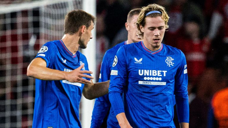 Rangers&#39; Todd Cantwell looks dejected as his side go 1-0 down vs PSV Eindhoven