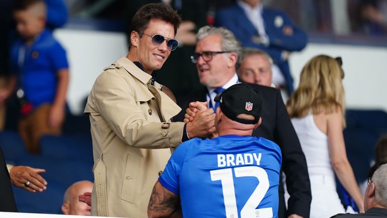 Birmingham City co-owner Tom Brady meets fans in the stands at half-time during the Sky Bet Championship match at St. Andrew's, Birmingham. Picture date: Saturday August 12, 2023.