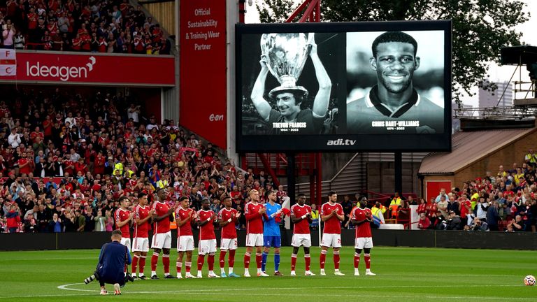 Nottingham Forest players observe a minute's applause in memory of former players Trevor Francis and Chris Bart-Williams ahead of the Premier League match at the City Ground, Nottingham