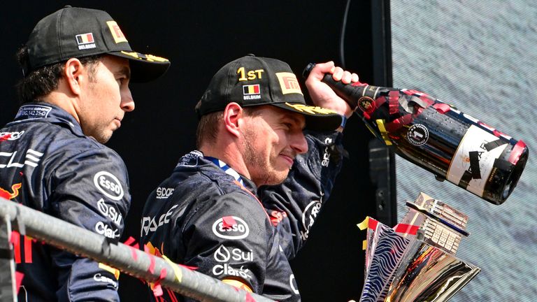 Sergio Perez (MEX, Oracle Red Bull Racing), #1 Max Verstappen (NLD, Oracle Red Bull Racing), F1 Grand Prix of Belgium at Circuit de Spa-Francorchamps on July 30, 2023 in Spa-Francorchamps, Belgium. 