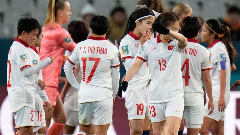 Vietnam's players leave the pitch after losing the Women's World Cup Group E soccer match between Vietnam and the Netherlands in Dunedin, New Zealand, Tuesday, Aug. 1, 2023. (AP Photo/Alessandra Tarantino)