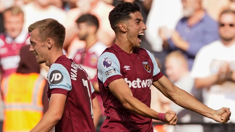 Nayef Aguerd celebrates after giving West Ham an early lead against Chelsea