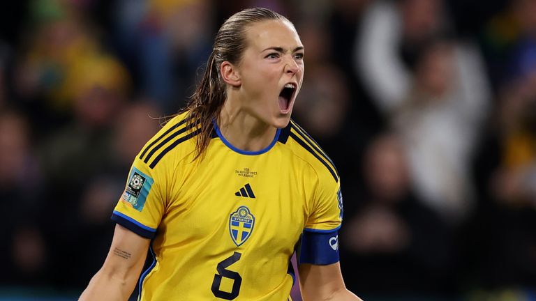 Magdalena Eriksson celebrates after scoring in the penalty shootout