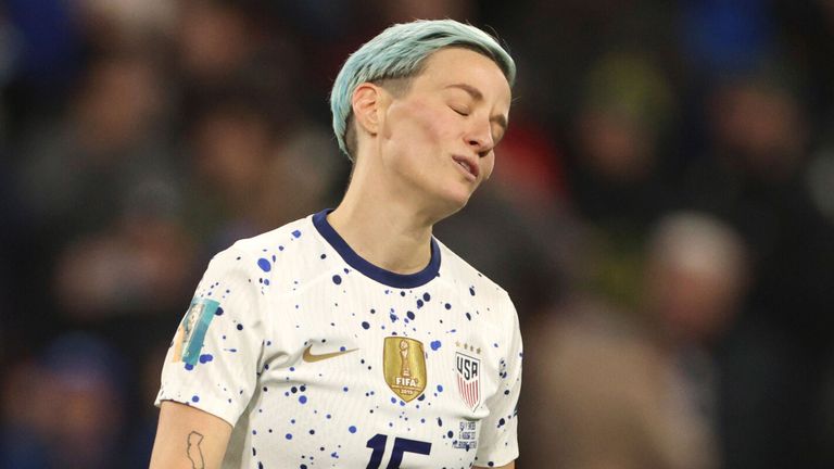 Megan Rapinoe reacts after missing her penalty 