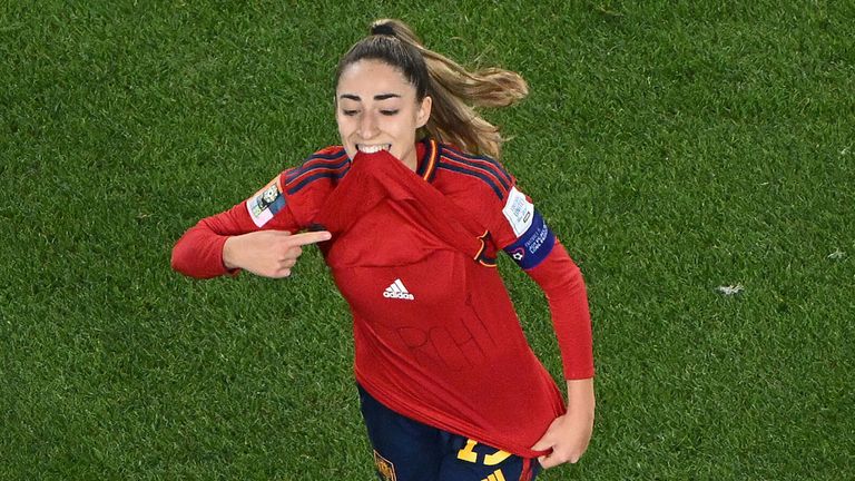 Olga Carmona celebrates after opening the scoring for Spain in the Women's World Cup final