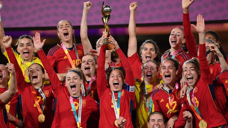 Spain captain  Ivana Andres lifts the Women's World Cup trophy