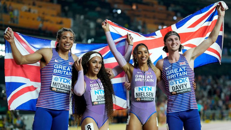 Great Britain's Rio Mitcham, Yemi Mary John, Laviai Nielsen and Lewis Davey won silver in the mixed 4x400m relay at the World Athletics Championships