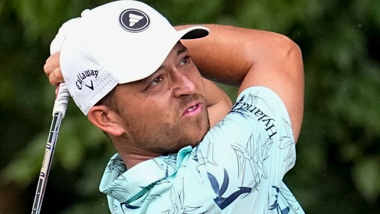 Xander Schauffele hits from the second tee during the third round of the Tour Championship golf tournament, Sunday, Aug. 27, 2023, in Atlanta. (AP Photo/John Bazemore)