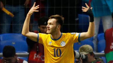Maxim Samorodov celebrates after scoring for Kazakhstan against Northern Ireland in Euro 2024 qualifying 