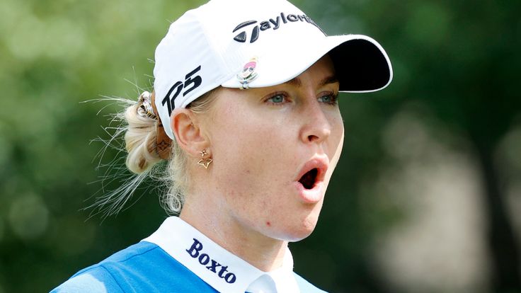 CINCINNATI, OH - SEPTEMBER 10: LPGA player Charley Hull reacts on the 4th hole during the final round of the Kroger Queen City Championship at the Kenwood Country Club in Cincinnati, Ohio. (Photo by Brian Spurlock/Icon Sportswire) (Icon Sportswire via AP Images)