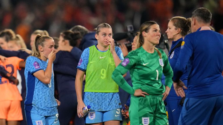 England's Georgia Stanway, Alessia Russo and goalkeeper Mary Earps after the UEFA Women's Nations League Group A1 match at the Stadion Galgenwaard, Utrecht, Netherlands