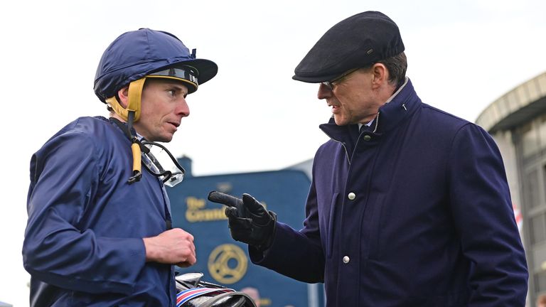 Winning trainer Aidan O&#39;Brien chats to jockey Ryan Moore