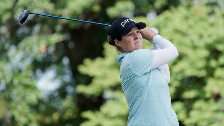 Ally Ewing watches her shot from the 17th tee during the final round of the LPGA Kroger Queen City Championship golf tournament, Sunday, Sept. 10, 2023, in Cincinnati