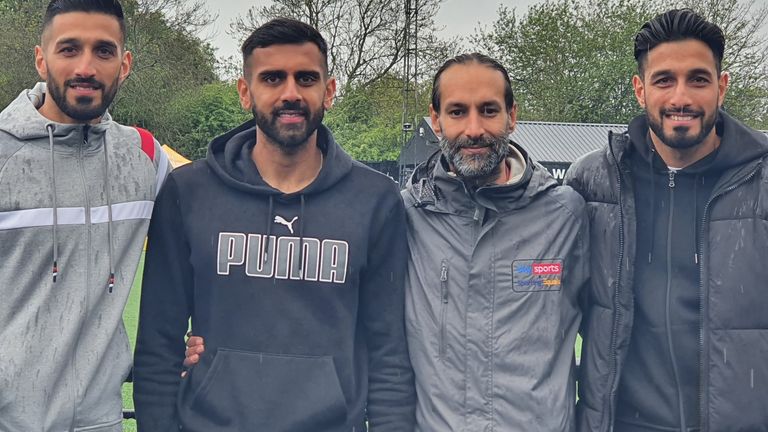 Arjun and Amar Singh Purewal either side of Shrewsbury Town&#39;s Mal Benning and Sky Sports News; Dev Trehan