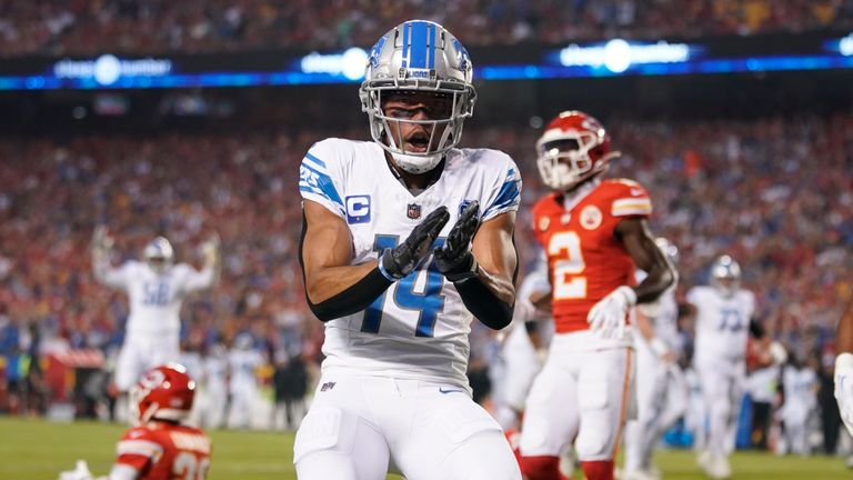 Detroit Lions wide receiver Amon-Ra St. Brown celebrates after scoring during the first half of an NFL football game against the Kansas City Chiefs Thursday, Sept. 7, 2023, in Kansas City, Mo.