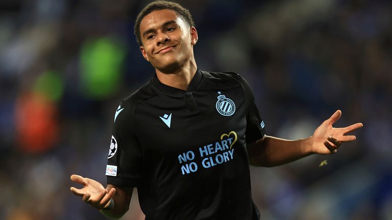 Brugge's Antonio Nusa celebrates after scoring his side's fourth goal during a Champions League group B soccer match between FC Porto and Club Brugge at the Dragao stadium in Porto, Portugal, Tuesday, Sept. 13, 202. (AP Photo/Luis Vieira)