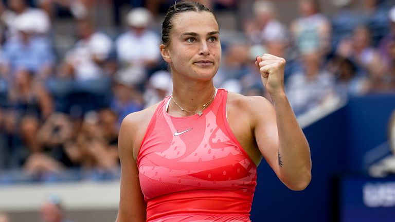 Aryna Sabalenka, of Belarus, reacts after defeating Zheng Qinwen, of China, during the quarterfinals of the U.S. Open tennis championships, Wednesday, Sept. 6, 2023, in New York. (AP Photo/Seth Wenig)