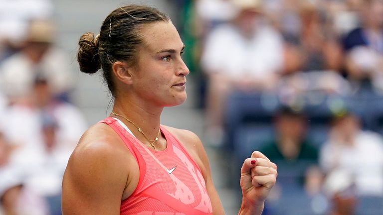 Aryna Sabalenka, of Belarus, reacts during a match against Zheng Qinwen, of China, during the quarterfinals of the U.S. Open tennis championships, Wednesday, Sept. 6, 2023, in New York. (AP Photo/Seth Wenig)