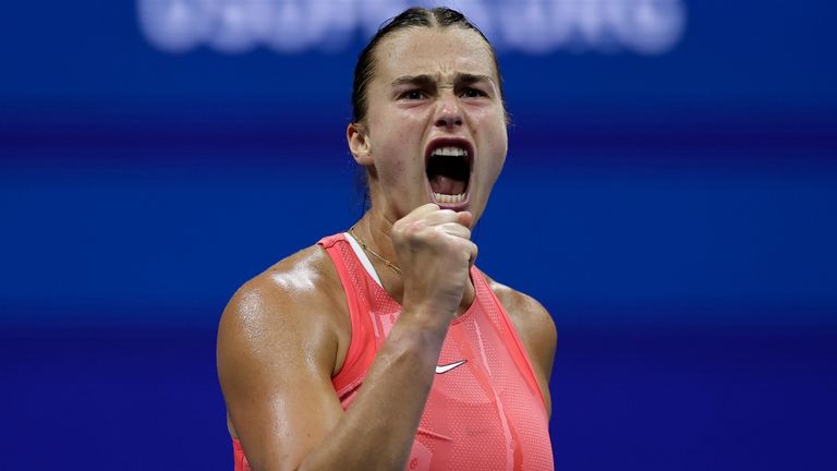 Aryna Sabalenka, of Belarus, reacts during her fourth round match against Daria Kasatkina, of Russia, of the U.S. Open tennis championships, Monday, Sept. 4, 2023, in New York. (AP Photo/Adam Hunger)