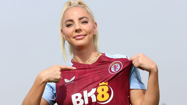 Adriana Leon modelling Aston Villa Women&#39;s new-season kit after signing for the club earlier this month