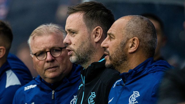 GLASGOW, SCOTLAND - JULY 26: Rangers manager Michael Beale and his staff observe a minutes silence for Trevor Francis during a pre-season friendly between Rangers and Olympiacos at Ibrox Stadium, on July 26, 2023, in Glasgow, Scotland. (Photo by Craig Williamson / SNS Group)