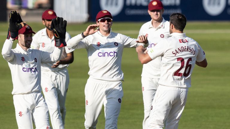 NORTHAMPTON, ENGLAND - SEPTEMBER 03: Luke Wells of Lancashire is trapped lbw by Ben Sanderson of Northamptonshire (2nd right)  during the LV= Insurance County Championship Division 1 match between Northamptonshire and Lancashire at The County Ground on September 03, 2023 in Northampton, England. (Photo by Andy Kearns/Getty Images)