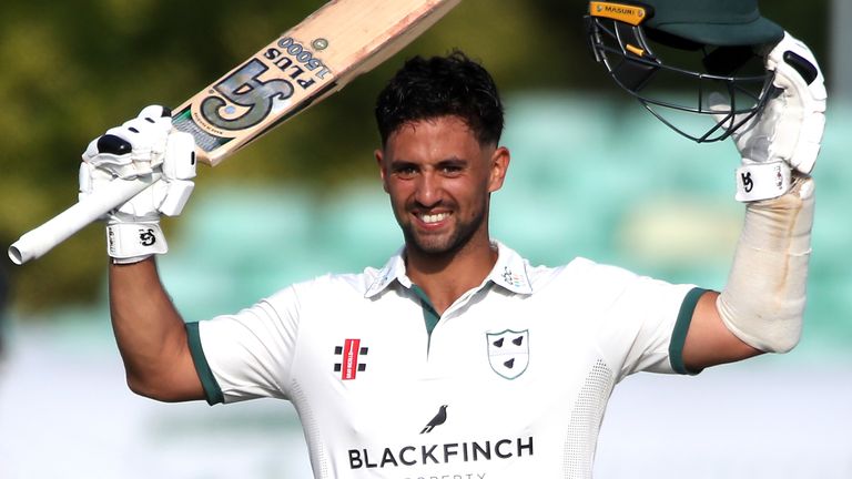 Worcestershire's Brett D'Oliveira celebrates his century during day one of The Bob Willis Trophy match at Blackfinch New Road, Worcester.
