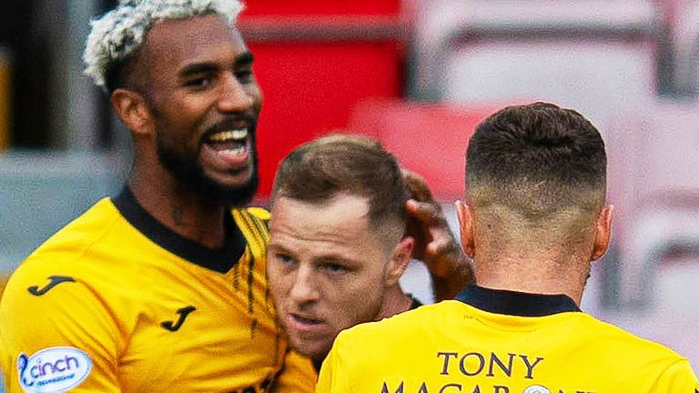 DINGWALL, SCOTLAND - SEPTEMBER 16: Livingston's Bruce Anderson (centre) celebrates scoring to make it 1-1 during a cinch Premiership match between Ross County and Livingston at the Global Energy Stadium, on September 16, 2023, in Dingwall, Scotland. (Photo by Craig Brown / SNS Group)
