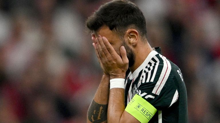 Man Utd captain Bruno Fernandes is disconsolate after his side fall behind to Bayern Munich