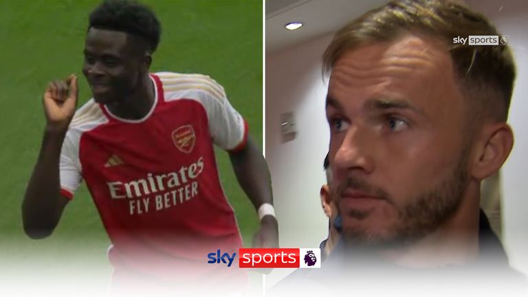 Tottenham's James Maddison reacts to Bukayo Saka, who stole his celebration after scoring in the north London derby.