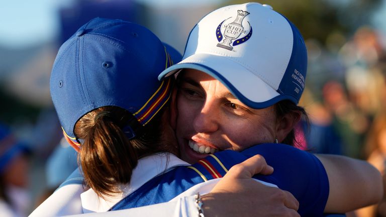 Europe&#39;s Carlota Ciganda, right hugs playing partner Europe&#39;s Linn Grant on the 17th green after they won their afternoon fourball match at the Solheim Cup golf tournament in Finca Cortesin, near Casares, southern Spain, Saturday, Sept. 23, 2023. Europe play the United States in this biannual women&#39;s golf tournament, which played alternately in Europe and the United States. (AP Photo/Bernat Armangue)