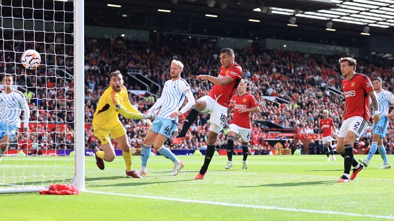 MANCHESTER, ENGLAND - AUGUST 26: Casemiro of Manchester United scores their 2nd goal during the Premier League match between Manchester United and Nottingham Forest at Old Trafford on August 26, 2023 in Manchester, England. (Photo by Simon Stacpoole/Offside/Offside via Getty Images)