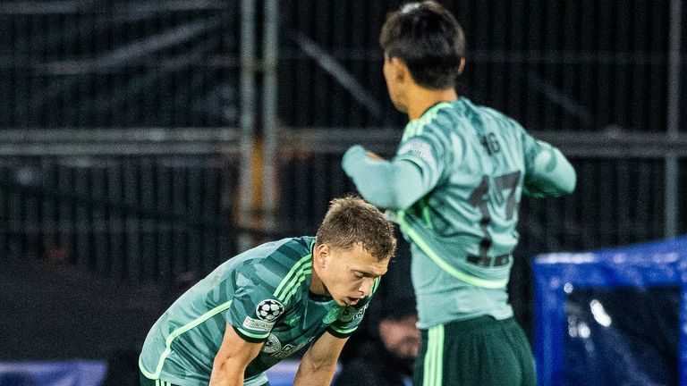 ROTTERDAM, NETHERLANDS - SEPTEMBER 19: Celtic&#39;s Alistair Johnston looks dejected at full time during a UEFA Champions League Group E Match between Feyenoord and Celtic at Stadion Feijenoord De Kuip, on September 19, 2023, in Rotterdam, Netherlands. (Photo by Paul Devlin / SNS Group)