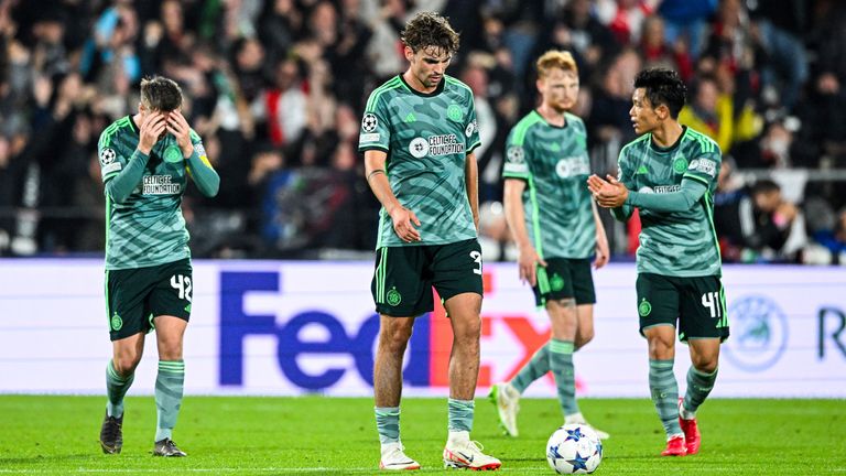 ROTTERDAM, NETHERLANDS - SEPTEMBER 19: Celtic&#39;s Matt O&#39;Riley and Callum McGregor look dejected as their side goes 1-0 behind during a UEFA Champions League Group E Match between Feyenoord and Celtic at Stadion Feijenoord De Kuip, on September 19, 2023, in Rotterdam, Netherlands. (Photo by Paul Devlin / SNS Group)