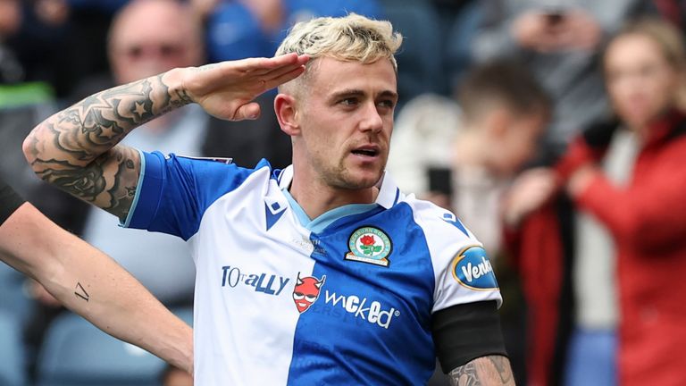 Sammie Szmodics salutes the home fans after scoring for Blackburn against Middlesbrough