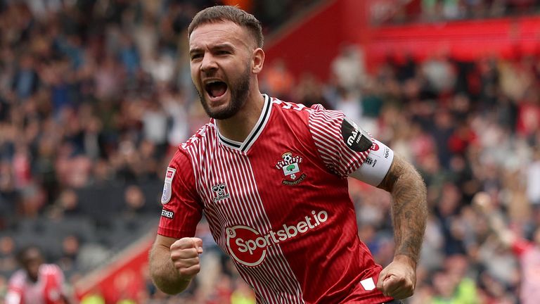 Adam Armstrong celebrates after giving Southampton a 3-0 advantage against Leeds