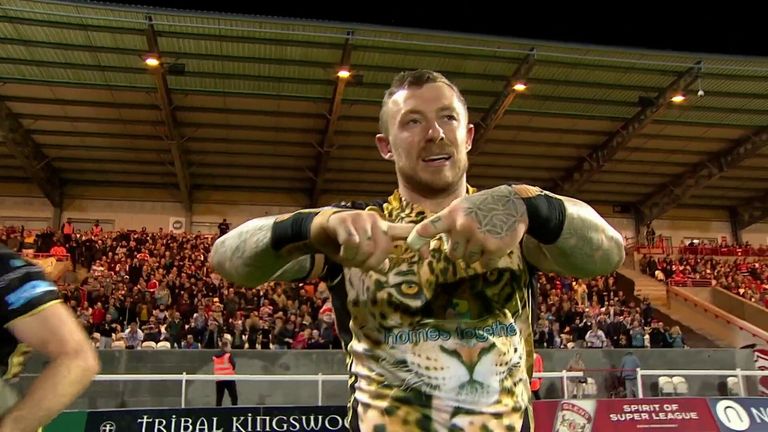 Josh Charnley goes over for Leigh Leopards' first try of the match against Hull KR in the Super League.