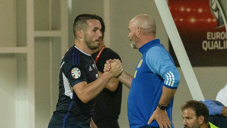 LARNACA, CYPRUS - SEPTEMBER 08: Scotland manager Steve Clarke and John McGinn during a UEFA Euro 2024 qualifier between Cyprus and Scotland at the AEK Arena, on September 08, 2023, in Larnaca, Cyprus. (Photo by Craig Foy / SNS Group)