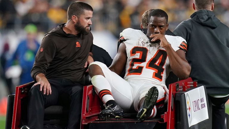 Cleveland Browns running back Nick Chubb is taken off the field with a severe knee injury