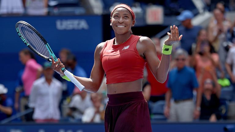 Coco Gauff celebrates after winning her quarterfinals match in the 2023 U.S. Open tennis championships inside Arthur Ashe Stadium at the USTA Billie Jean King National Tennis Center in Flushing New York on September 5, 2023. (Photo by Andrew Schwartz for NY Daily News via Getty Images)