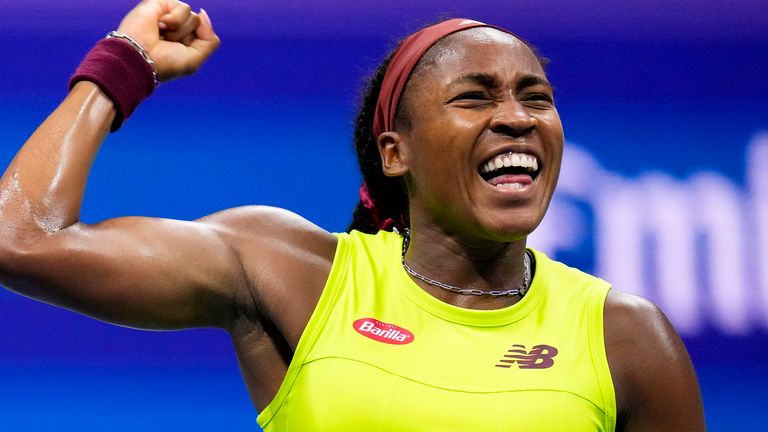 Coco Gauff, of the United States, reacts after defeating Karolina Muchova, of the Czech Republic, during the women's singles semifinals of the U.S. Open tennis championships, Thursday, Sept. 7, 2023, in New York. (AP Photo/Manu Fernandez)