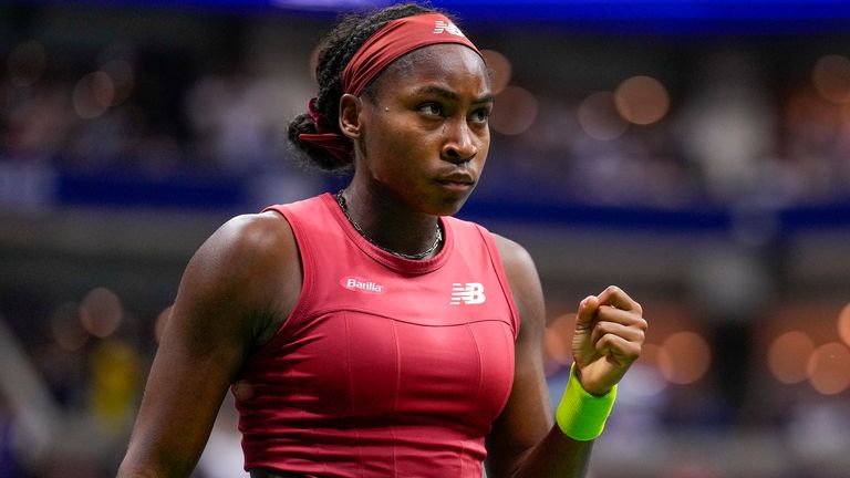 Coco Gauff, of the United States, reacts during a match against Aryna Sabalenka, of Belarus, during the women's singles final of the U.S. Open tennis championships, Saturday, Sept. 9, 2023, in New York. (AP Photo/Manu Fernandez)