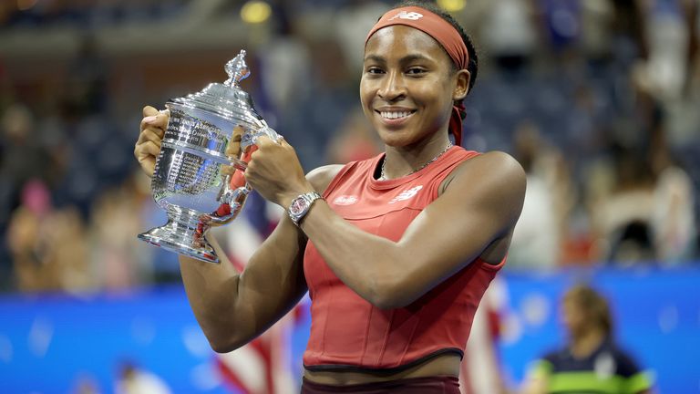 Coco Gauff holds the US Open women&#39;s singles trophy after winning her women&#39;s singles finals match at the 2023 U.S. Open tennis championships inside Arthur Ashe Stadium at the USTA Billie Jean King National Tennis Center in Flushing New York on September 9, 2023. (Photo by Andrew Schwartz for NY Daily News via Getty Images)