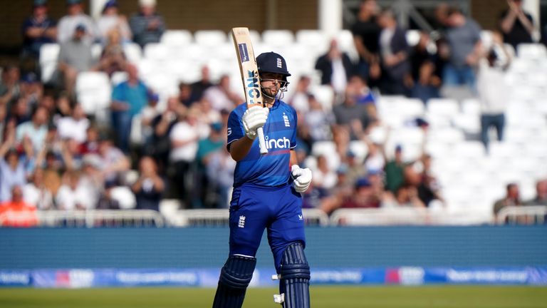 England&#39;s Will Jacks celebrates 50 runs during the second Metro Bank One Day International match at Trent Bridge, Nottingham. Picture date: Saturday September 23, 2023.