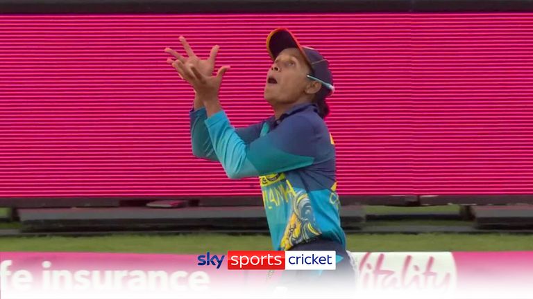 England give away another wicket as Freya Kemp spoons down the ground and Sri Lanka&#39;s Dhananjaya De Silva takes a superb swirling catch.