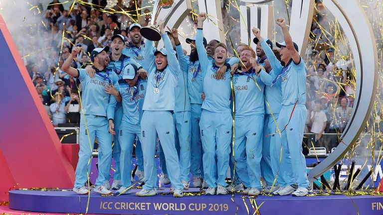 England lift the trophy at Lord's after winning the World Cup final in 2019