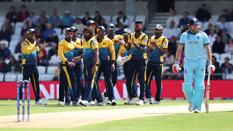 Sri Lanka's Lasith Malinga celebrates with teammates after the dismissal of England's Jonny Bairstow during the Cricket World Cup match between England and Sri Lanka in 2019